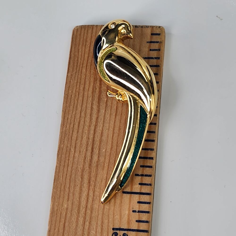 Liz Claiborne Parrot Bird Brooch Pin Signed 3” Gold Tone Green Enamel Vintage LC - Picture 9 of 10